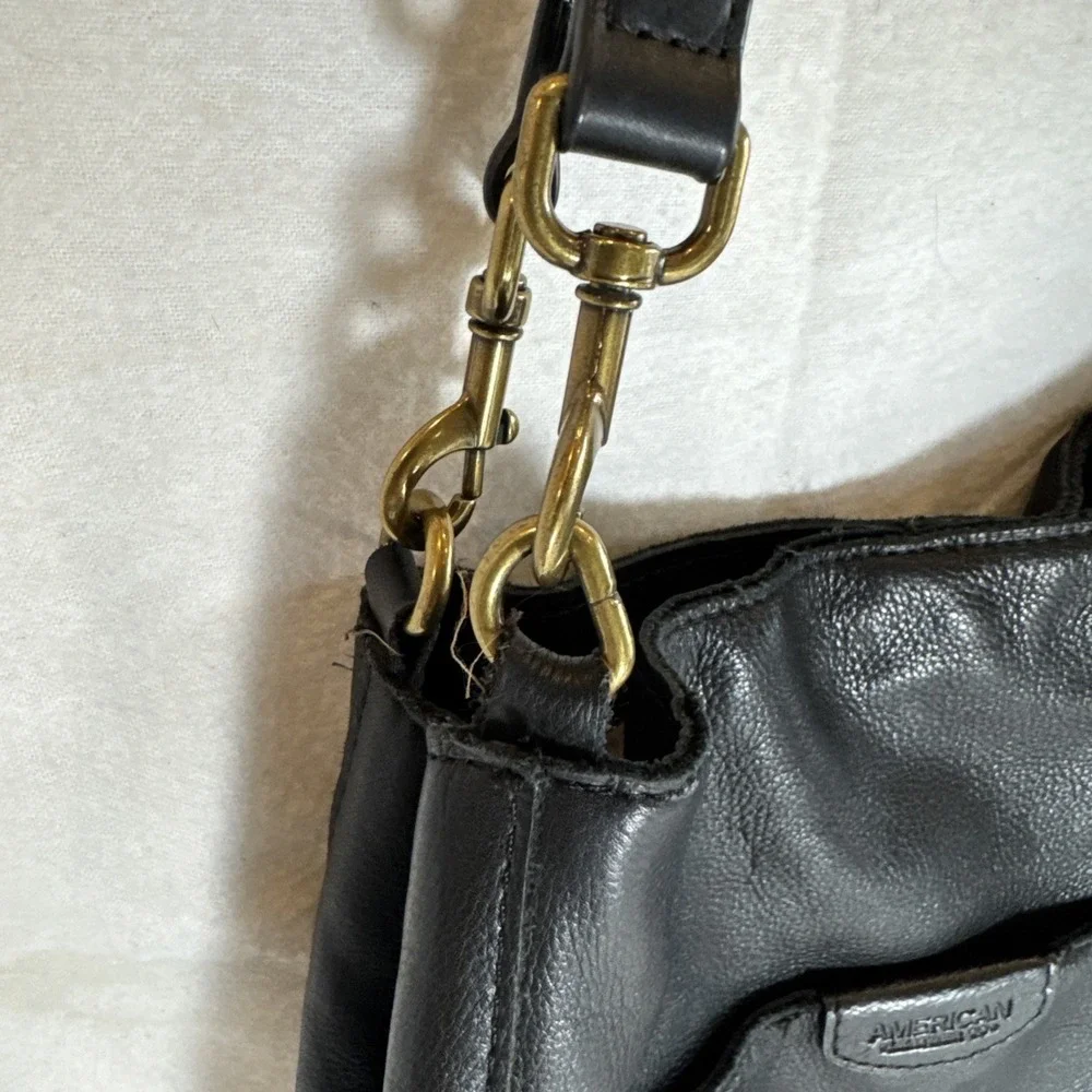 American Leather Co Soft Leather Shoulder Bag Purse Black Hobo Tote Brass Snaps